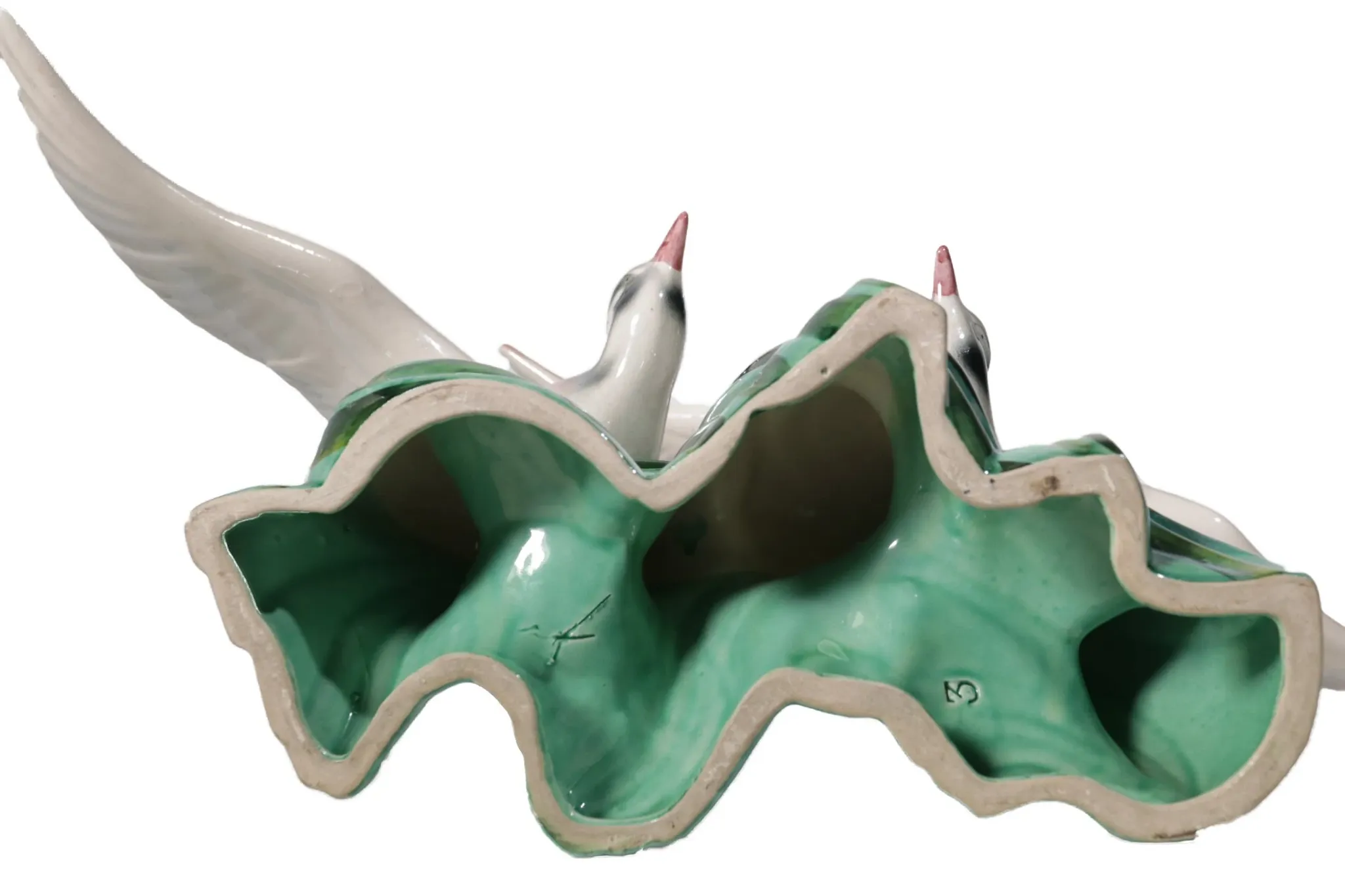 Art deco porcelain sculpture of two flying birds – iridescent, 1920s