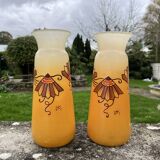 Pair of orange Legras Art Deco enameled glass vases