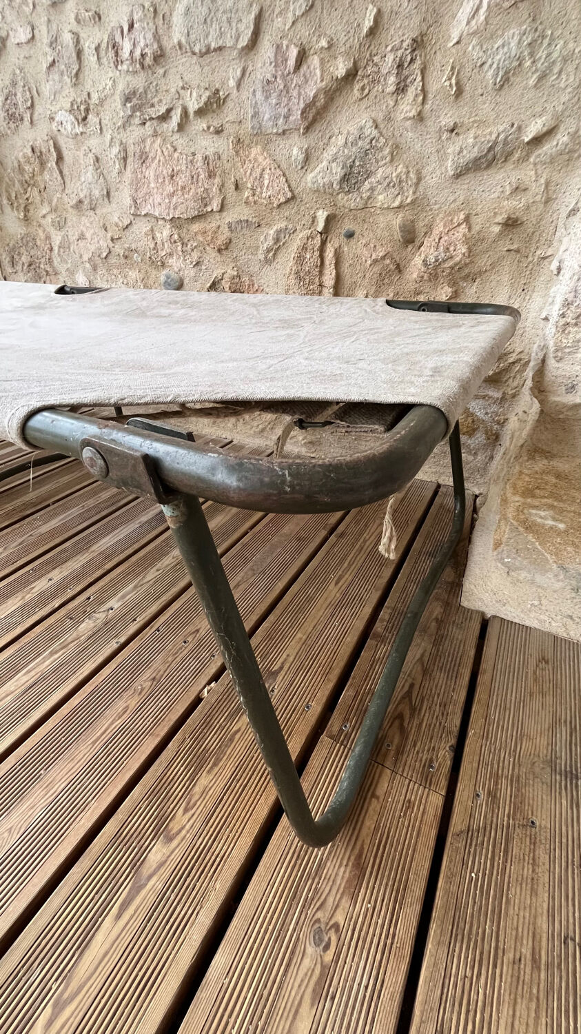 Antique folding military camp bed – khaki green canvas and metal