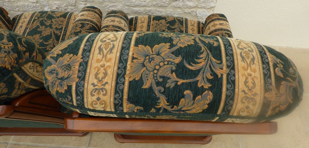 Three French-made cherry wood armchairs covered in velvet
