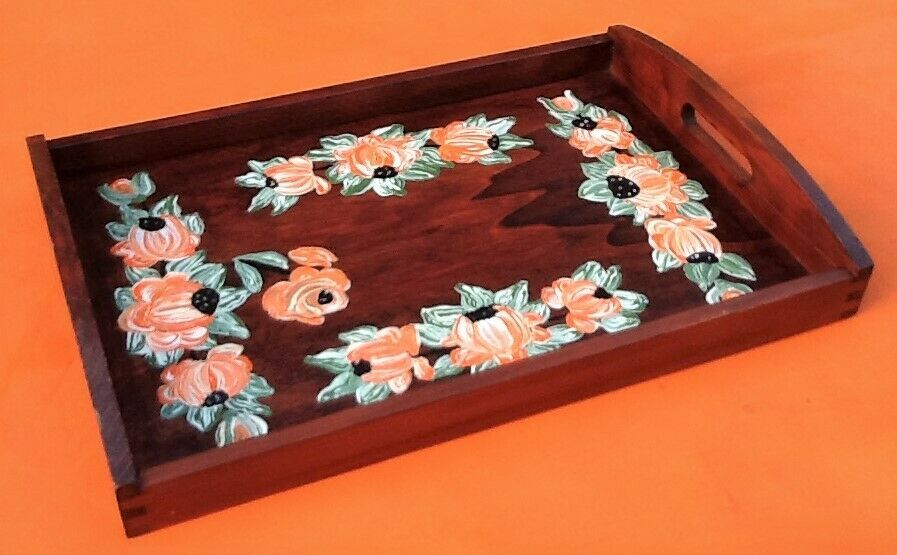 Rectangular wooden service tray with floral decoration