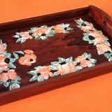 Rectangular wooden service tray with floral decoration