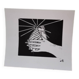 Gravure xylographie impression originale estampillé numéroté motif main personnage