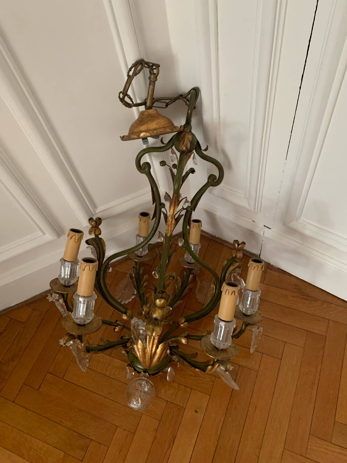 Gold and green crystal chandelier