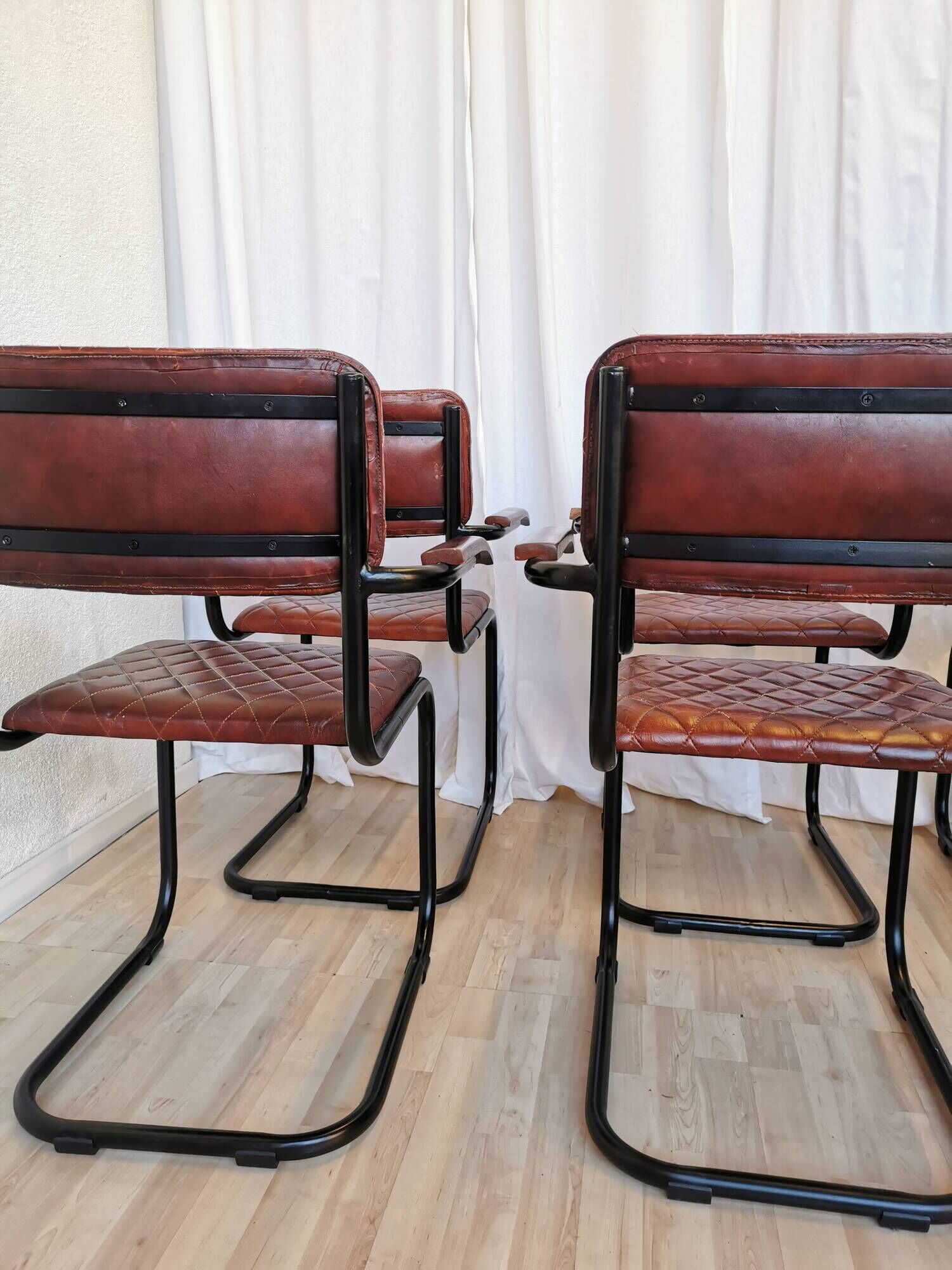 Set of 6 Vintage Cognac Leather Dining Chairs: Quilted Industrial Armchair