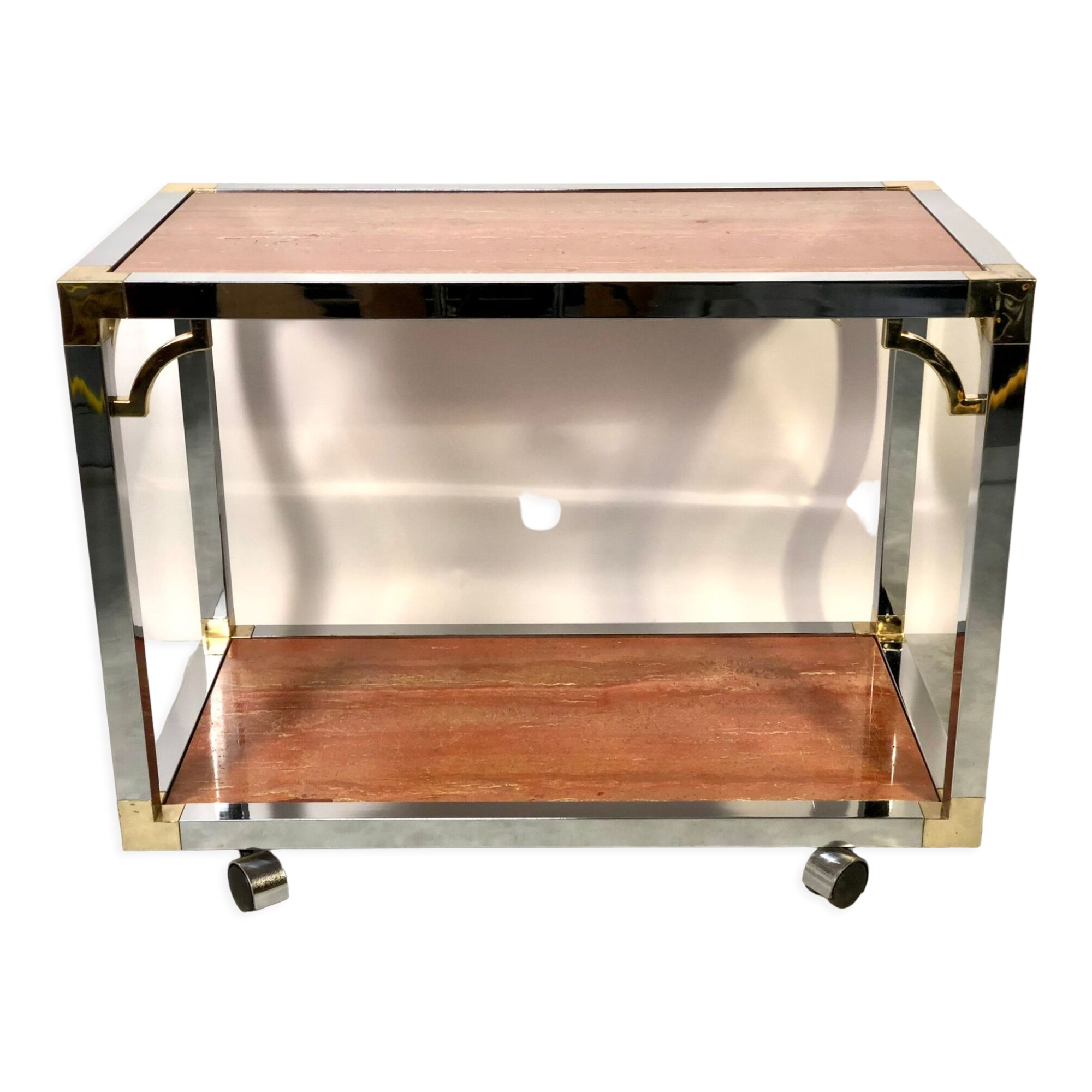 Italian rolling dessert table with two trays decorated with pink travertine