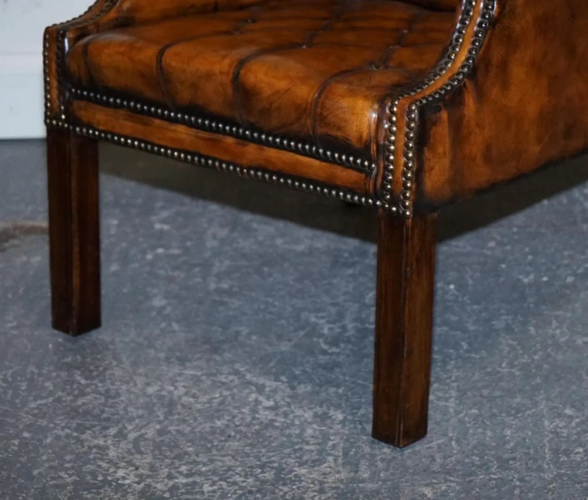 Chesterfield Wingback Armchair Set in Hand-Dyed Brown Leather, 1960s