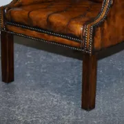 Chesterfield Wingback Armchair Set in Hand-Dyed Brown Leather, 1960s