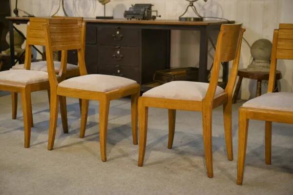 Set of 6 oak chairs by Gaston Poisson, 1940s