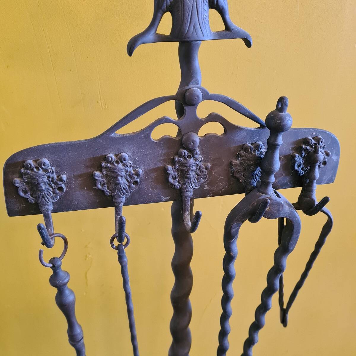 Dutch Brass Fireplace Set With Double Eagle Head, Late 19th Century