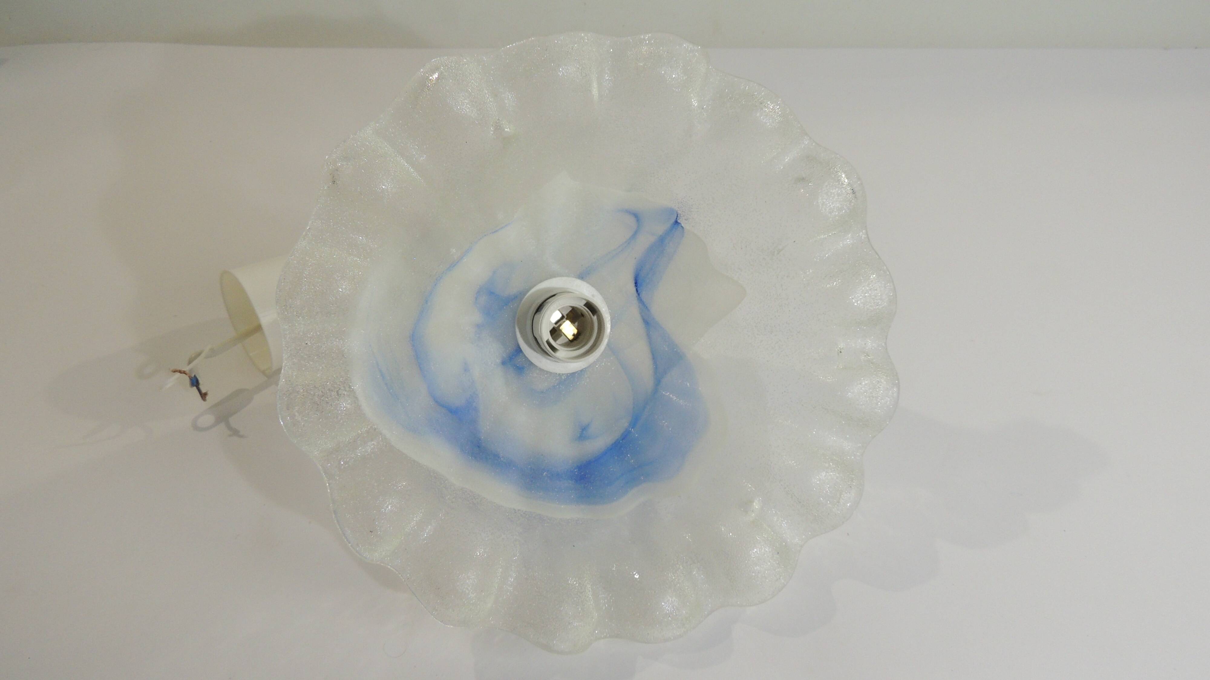 Vintage Murano blown glass suspension lamp with blue and white shell.