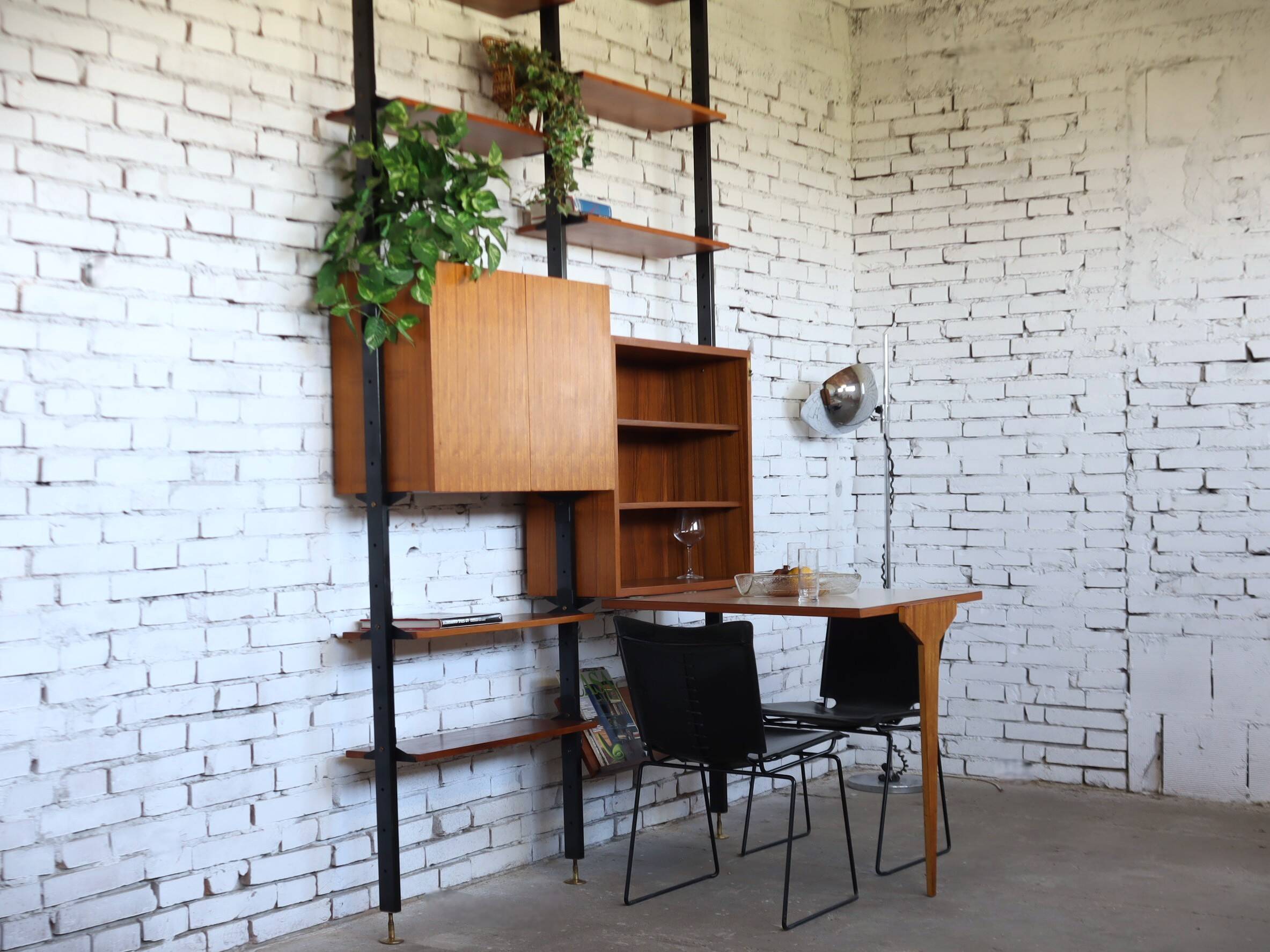 1950s mid-century wall unit teak and iron folding desk & cabinet module
