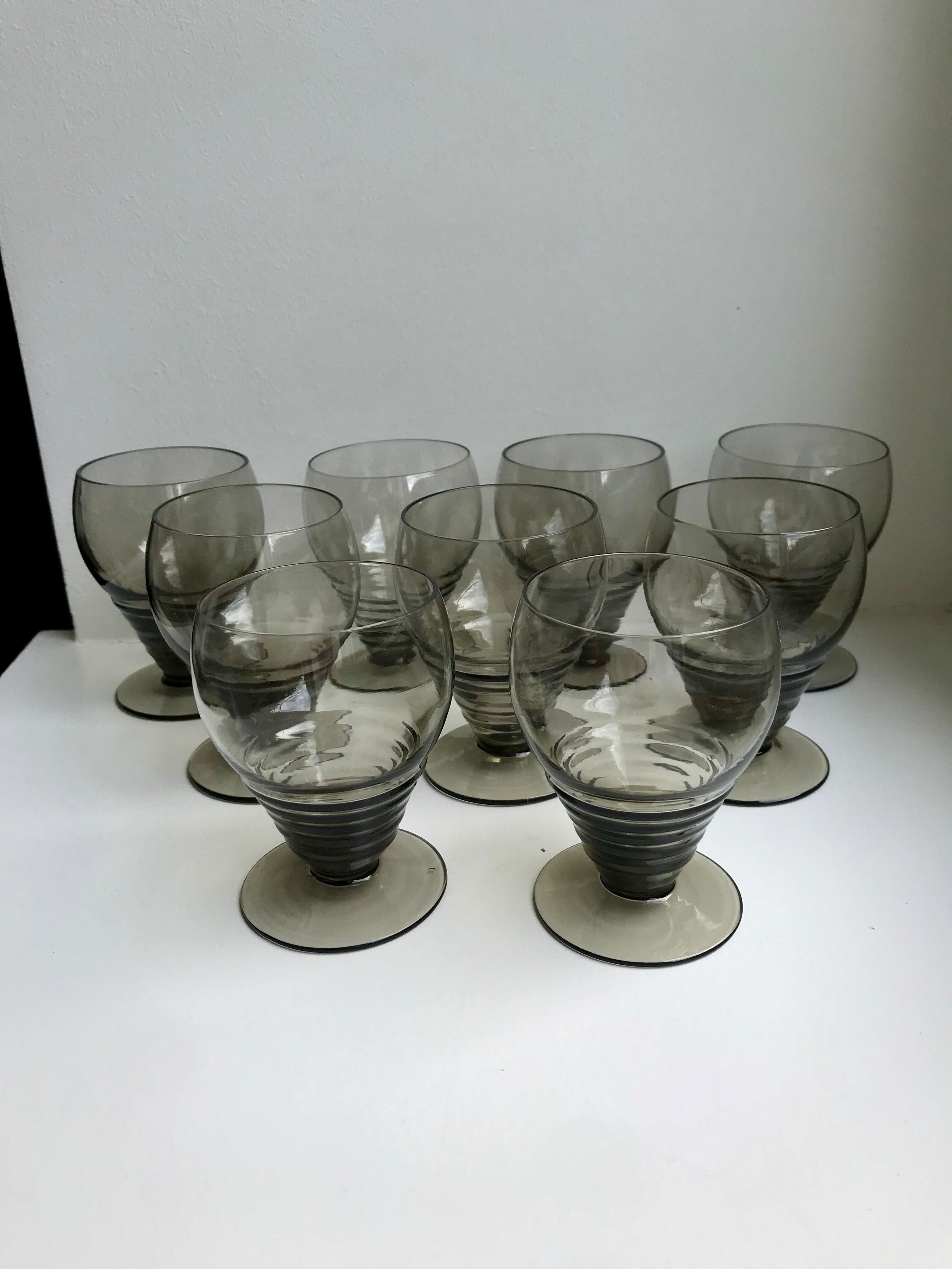 Set of 9 art deco liqueur glasses in smoked glass 30-40s