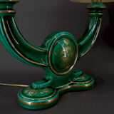 Paire de lampes en faïence verte et dorée, circa 1940