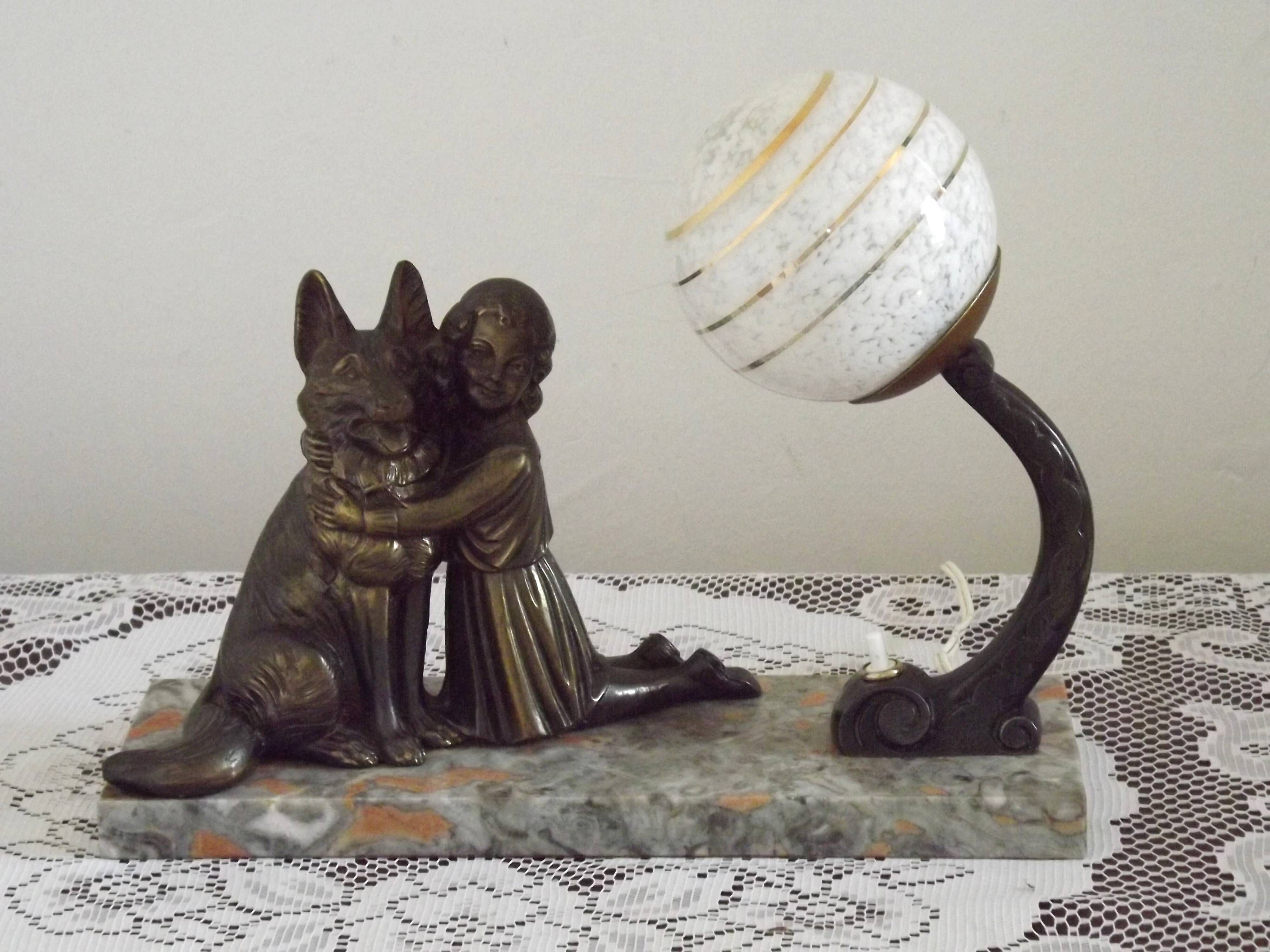 French Art Deco Table Lamp – Kneeling Girl with Dog & Clichy Glass Shade