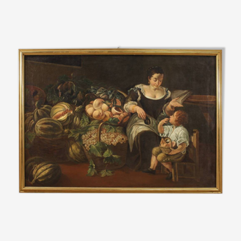 Grand tableau du XVIIIe siècle, scène de genre avec nature morte