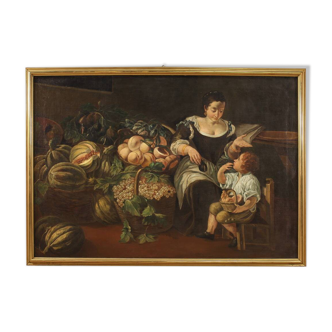 Grand tableau du XVIIIe siècle, scène de genre avec nature morte