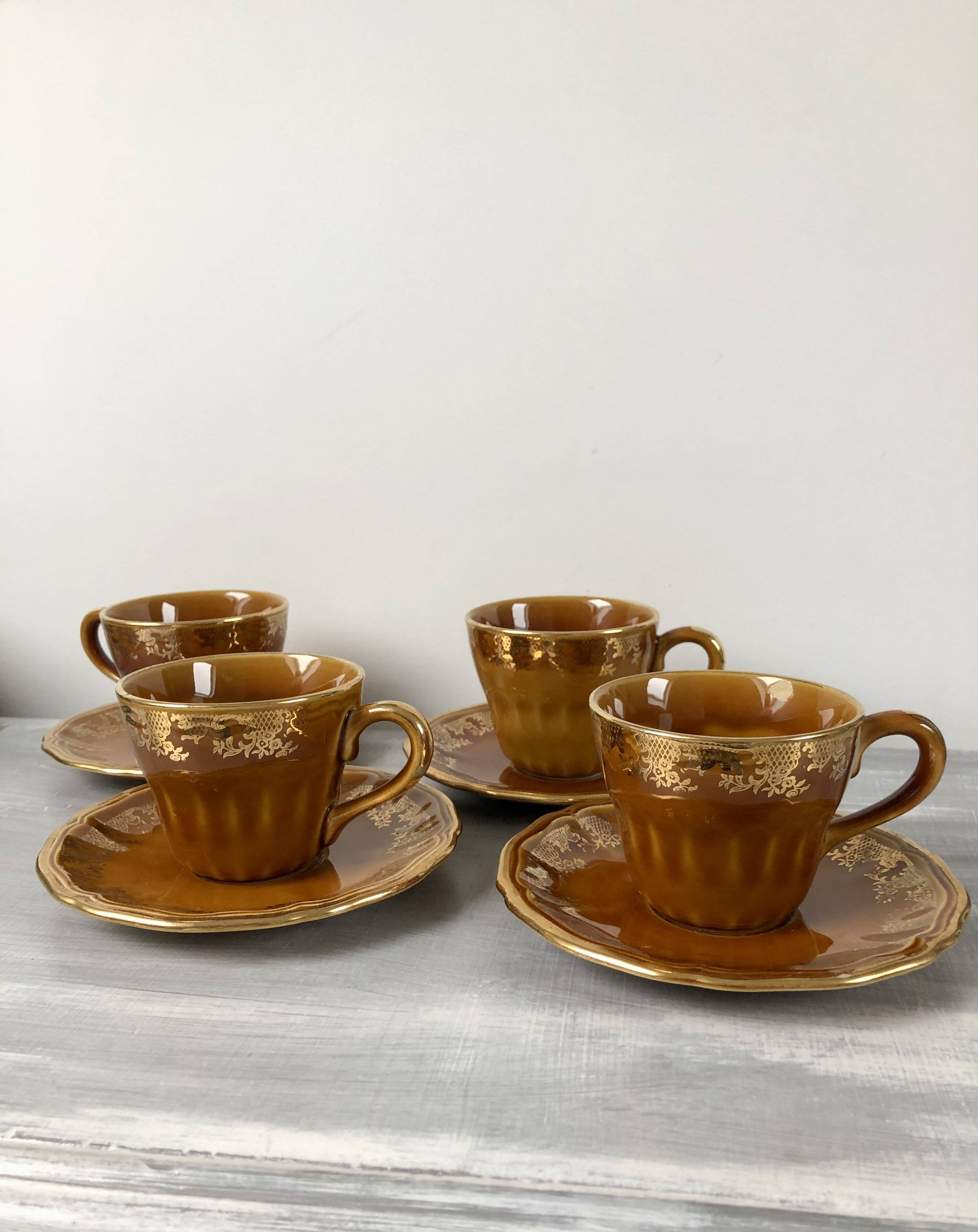 Vintage set of 4 cups and saucers with defects Lunéville Louis XV Honey