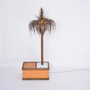 Italian Hollywood Regency Palm-shaped lamp in brass and wood with cabinet