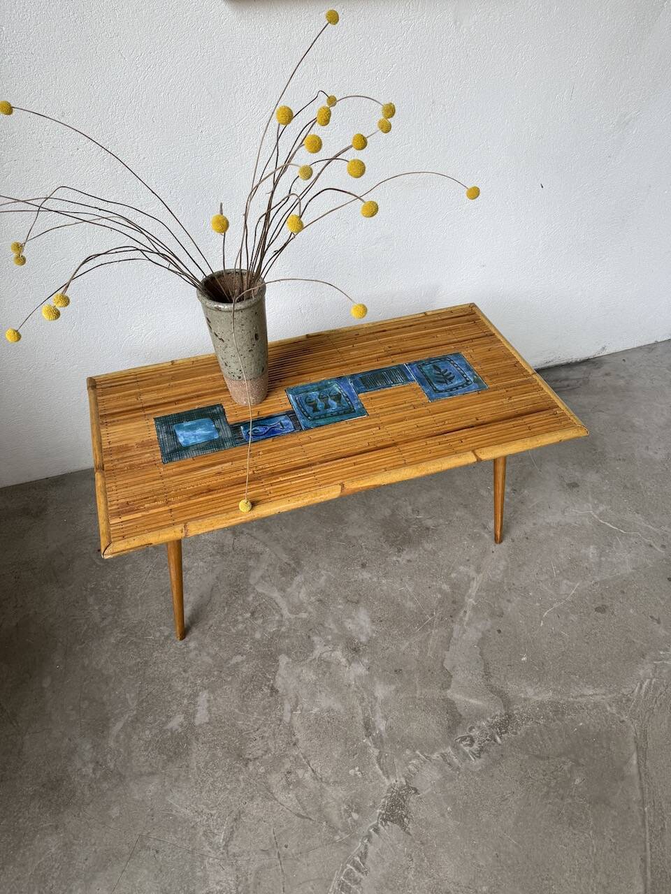 Rattan and ceramic coffee table, 60s