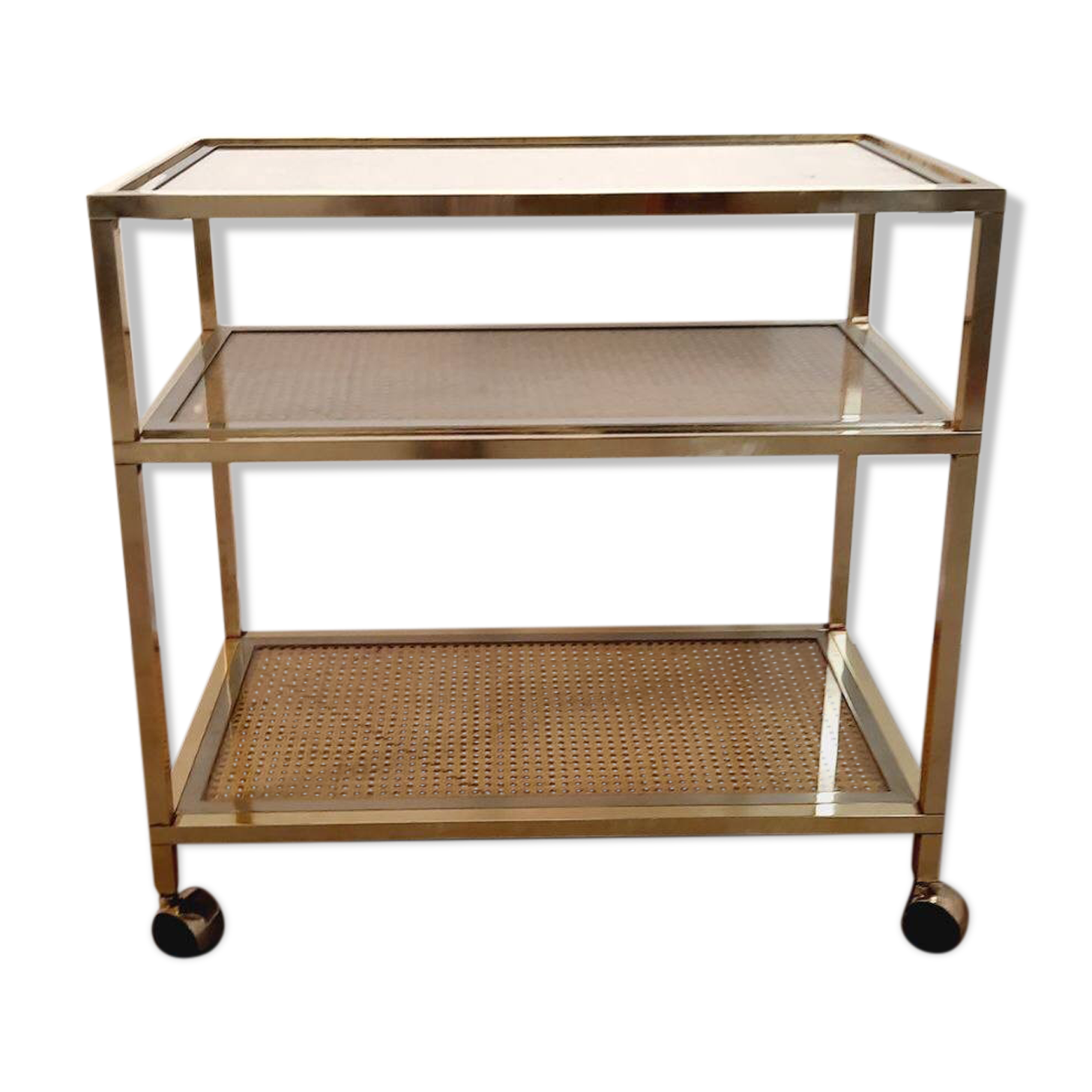 Trolley with wheels, wicker, brass and steel