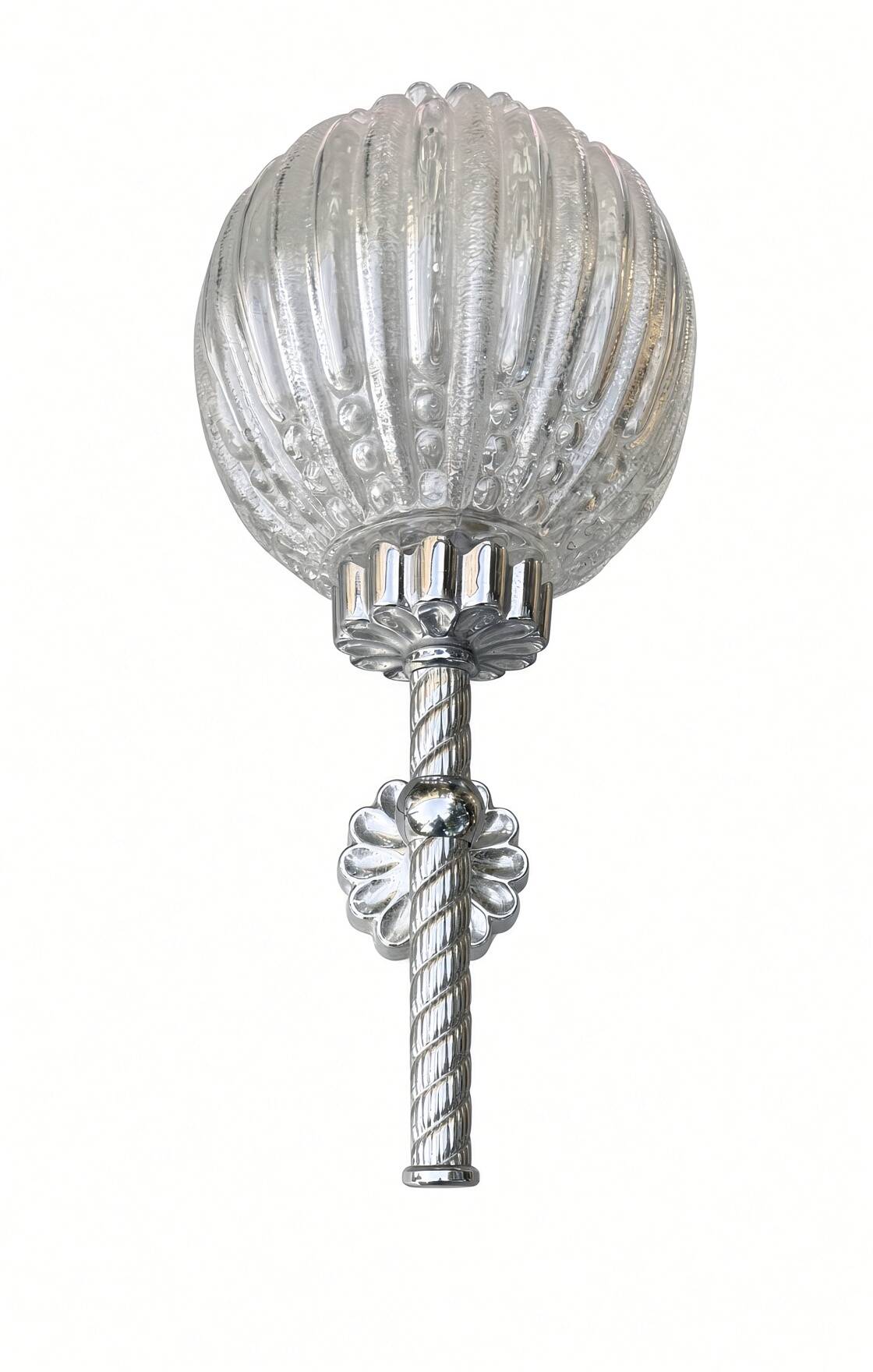 Pair of vintage wall lights; chrome striped glass floral globes; 1960s-70s.