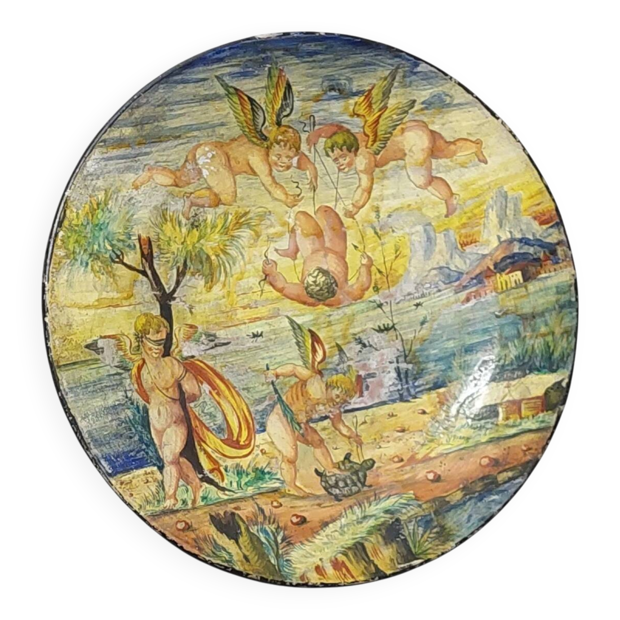 Antique cold-painted Cupino plate, late 19th century, Italy, majolica