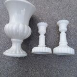 2 candle holders and earthenware vase