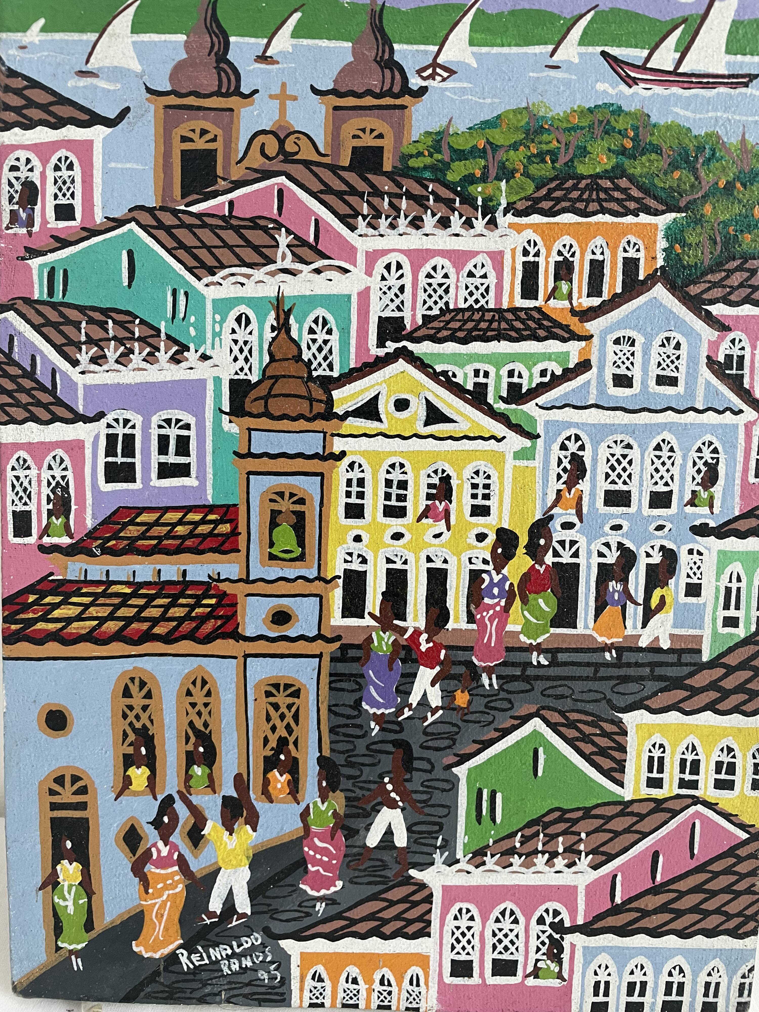 Acrylic painting, naive art, street scene Brazil, colorful colonial houses, sea, sailing boats