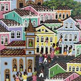 Acrylic painting, naive art, street scene Brazil, colorful colonial houses, sea, sailing boats