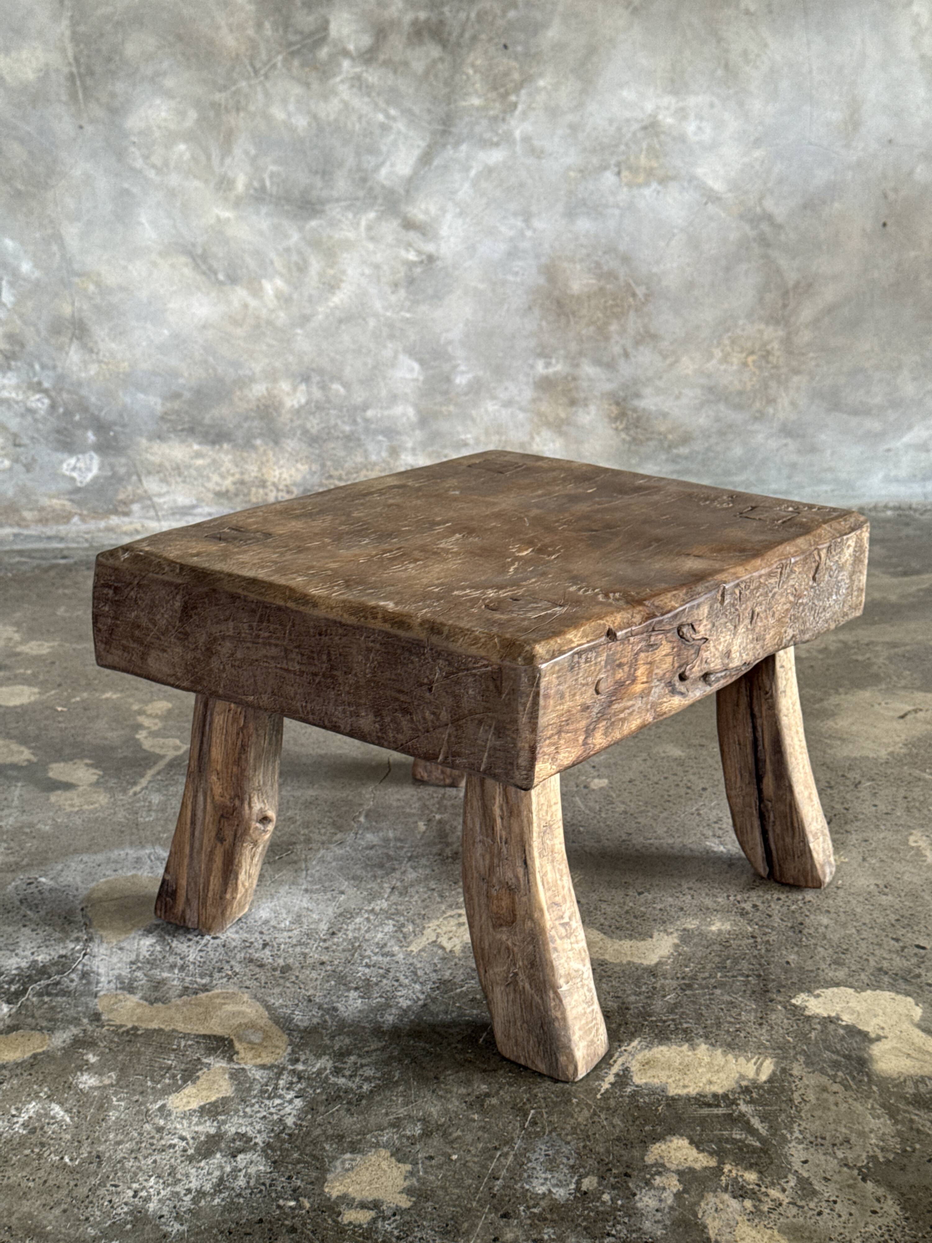 Small stool, rectangular accent stool in solid teak wabi-sabi H26