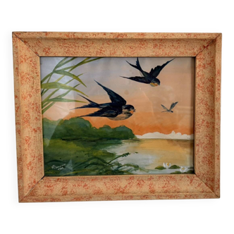 Painting Table Swallow Bird Flying Lake Sunset Lemonnier