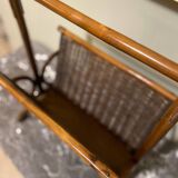Wicker and brown wood magazine rack