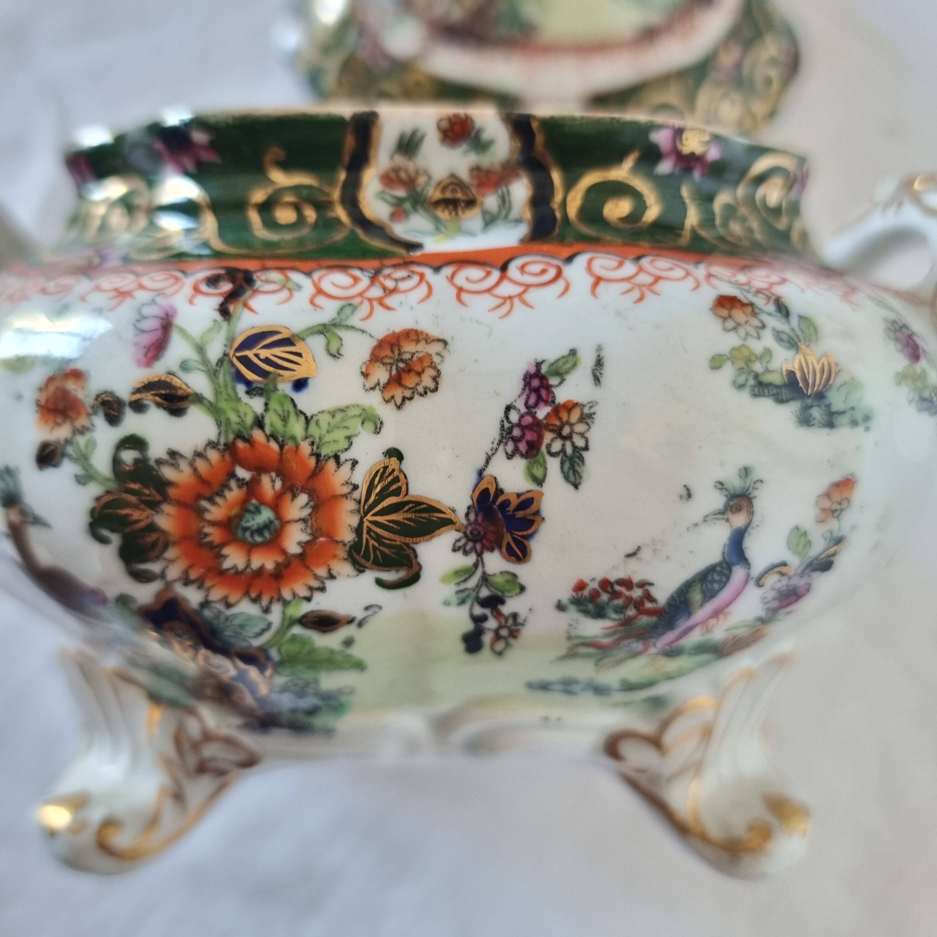 Antique Masons Sauce Boat with Lid English Porcelain Chinoiserie F
