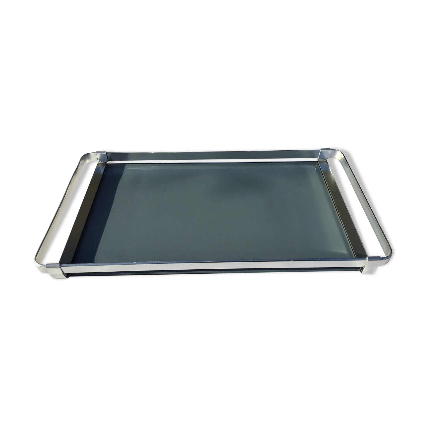 Plateau moderniste aluminium et verre fumé gris