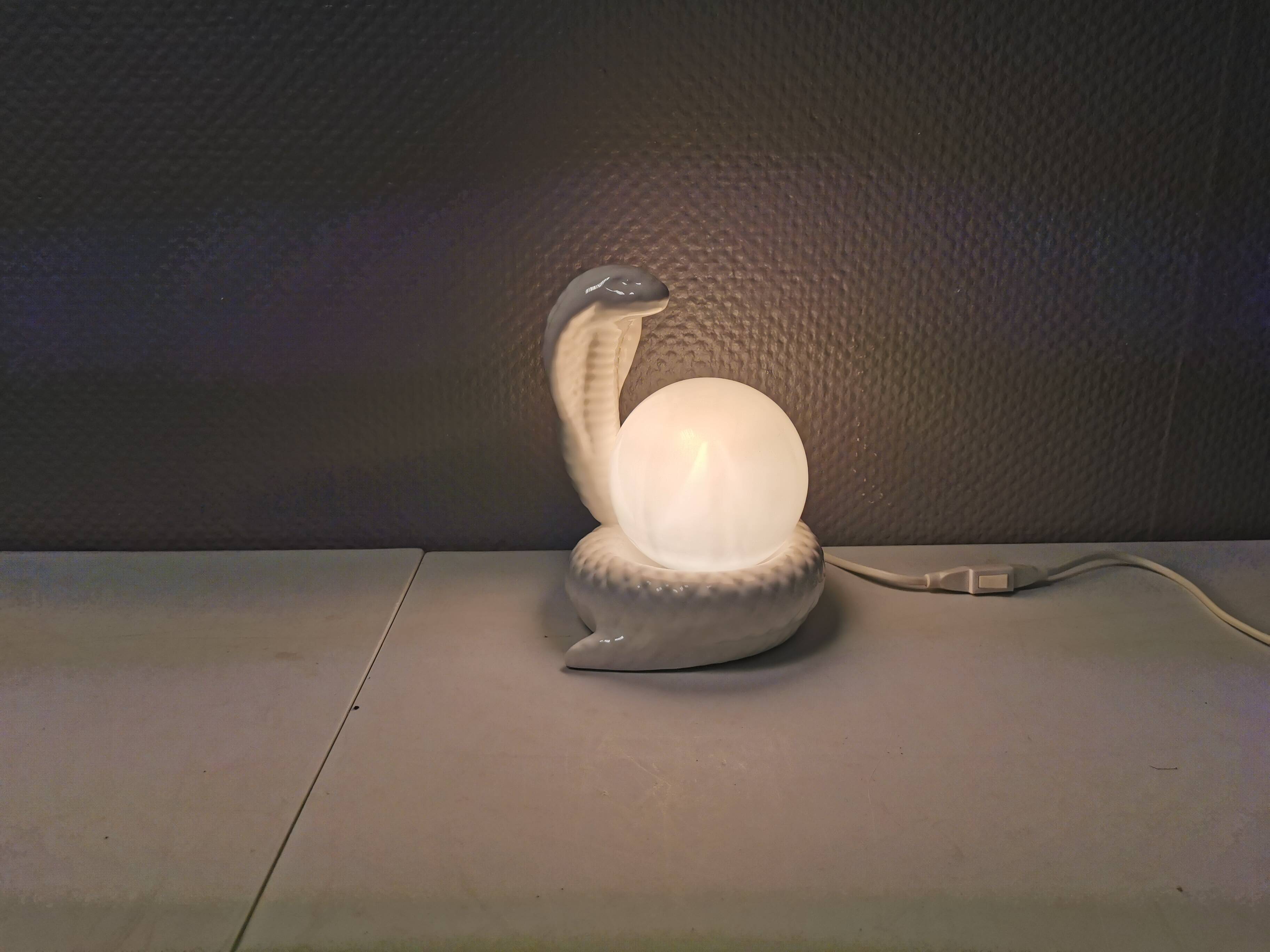 Beautiful vintage ceramic COBRA table lamp with thin milky white glass shade/dome. RAF Sweden 70-80s