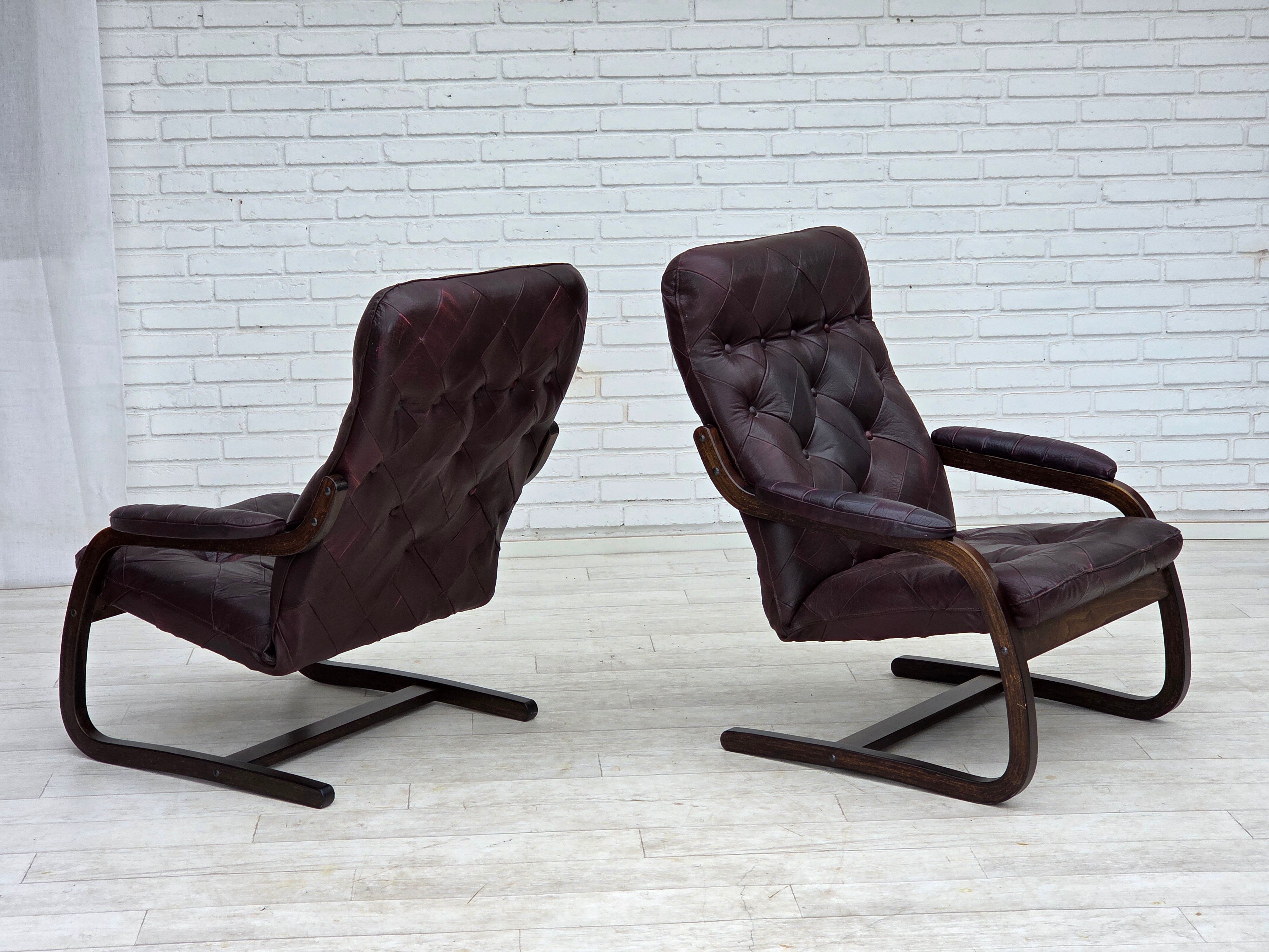 1970s, Scandinavian armchair, brown furniture leather, bent wood.