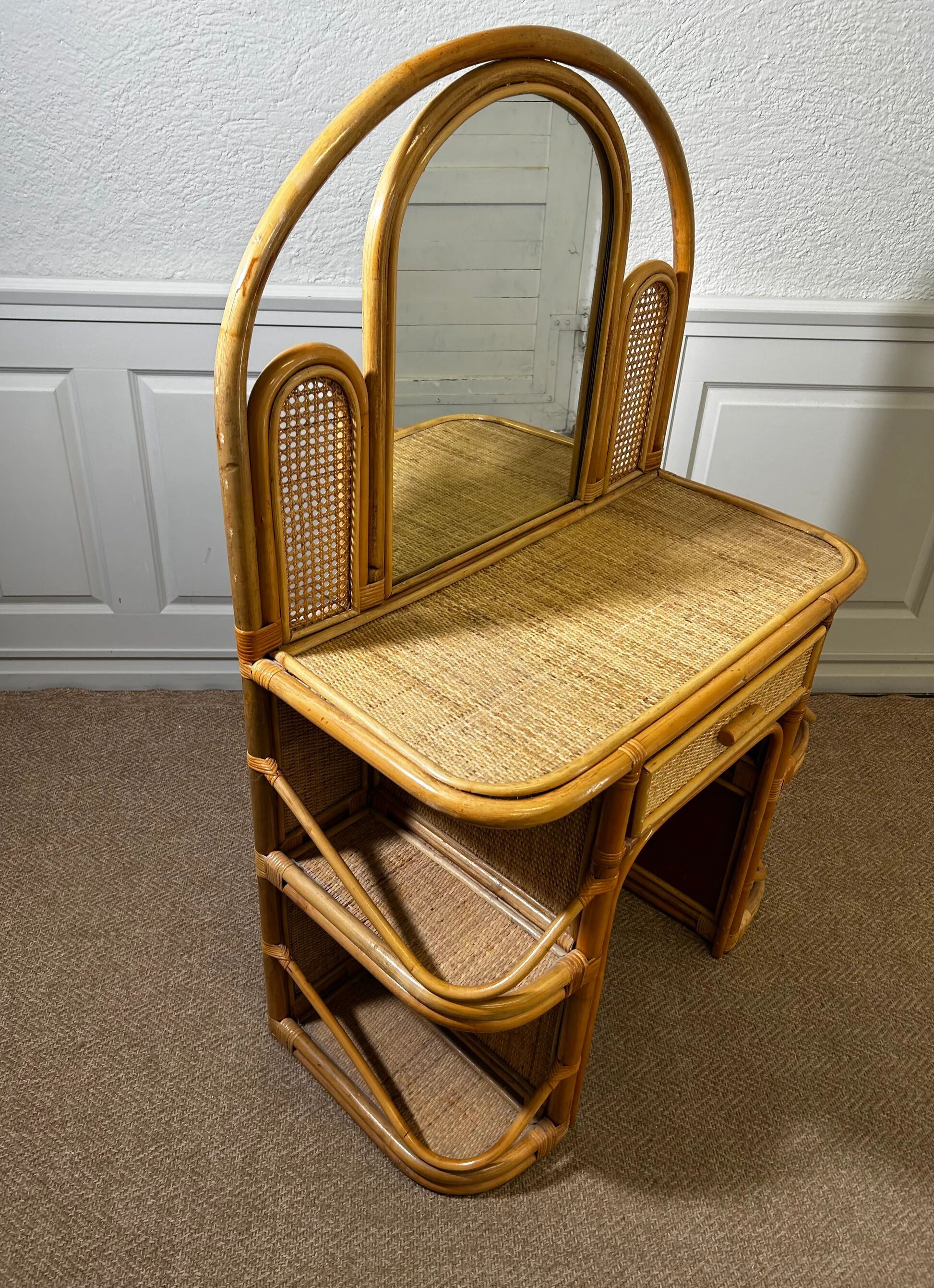 Bamboo and rattan vanity / dressing table with drawer and mirror, 1970s mid-century modern