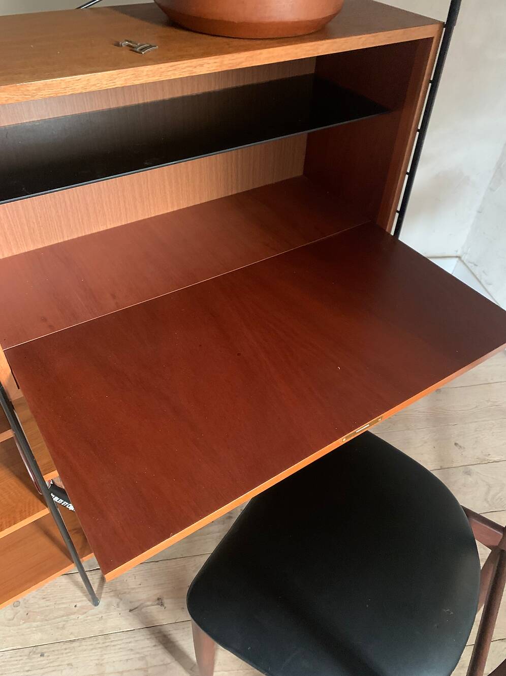 Vintage Scandinavian wire-framed metal and teak secretary bookcase set