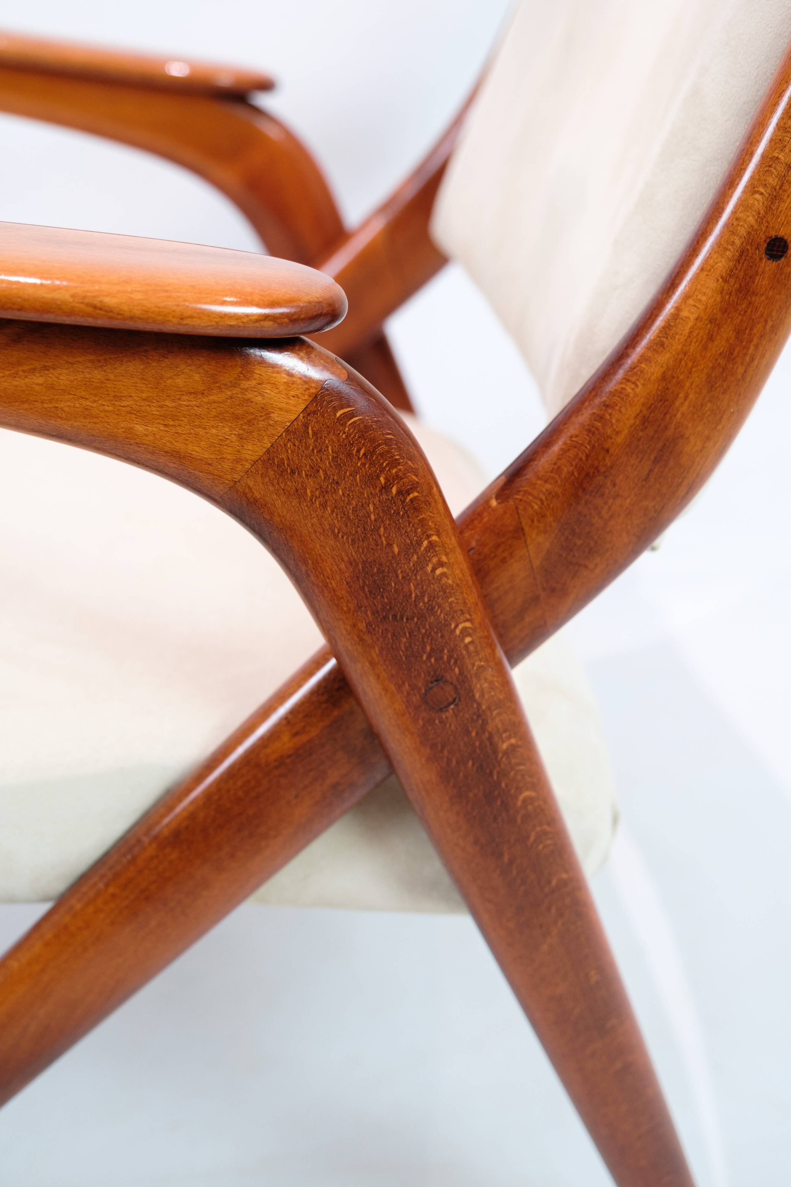 Armchair Made In Polished Dark Wood & Light Fabric By Arne Hovmand-Olsen From 1960s