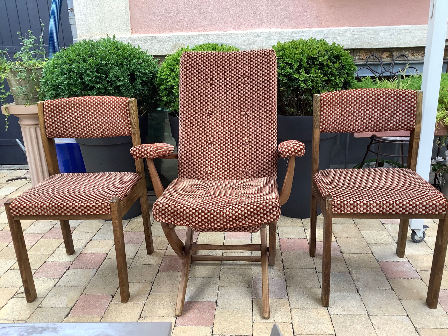 Fauteuil et 2 chaises Baumann en velours vintage