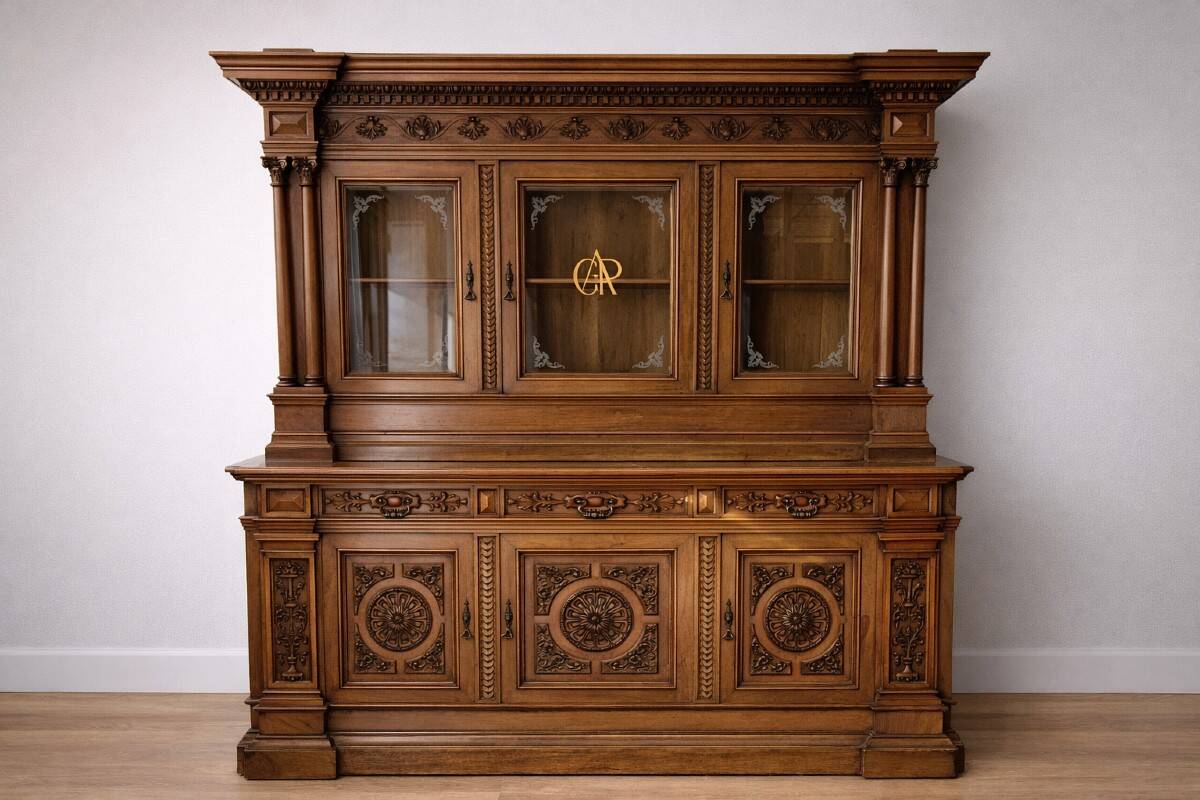 Two-body buffet, made of richly carved solid walnut.