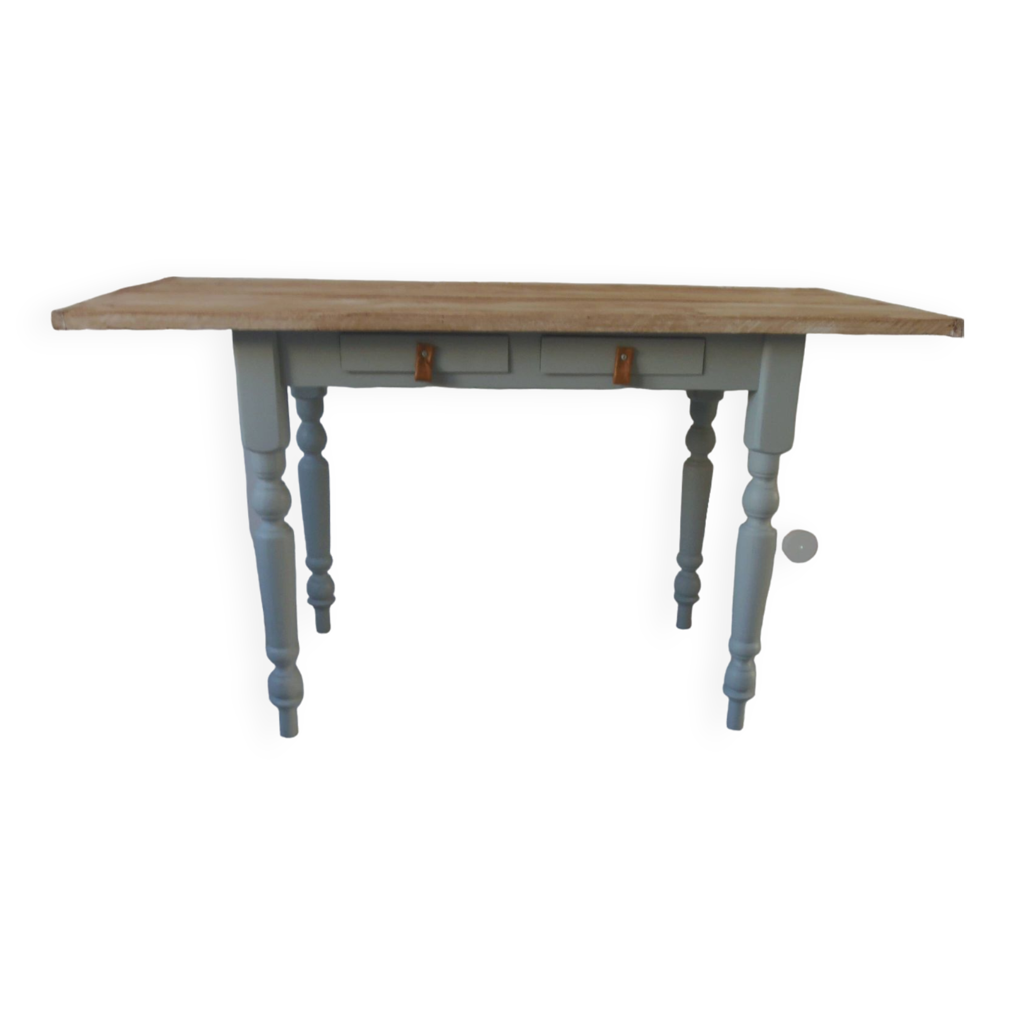 Vintage farm table, base and belt re-enchanted in verdigris, wooden top.