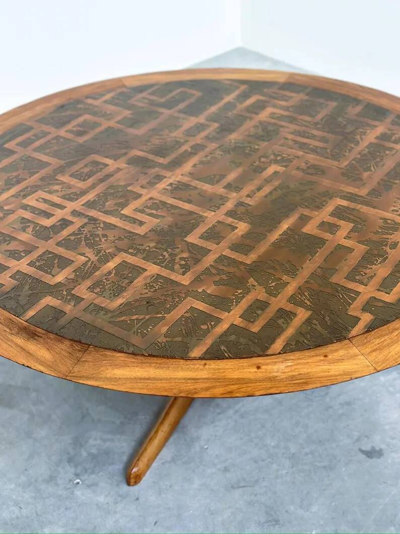 Vintage Wooden Coffee Table with Engraved Brass Top – 1970s