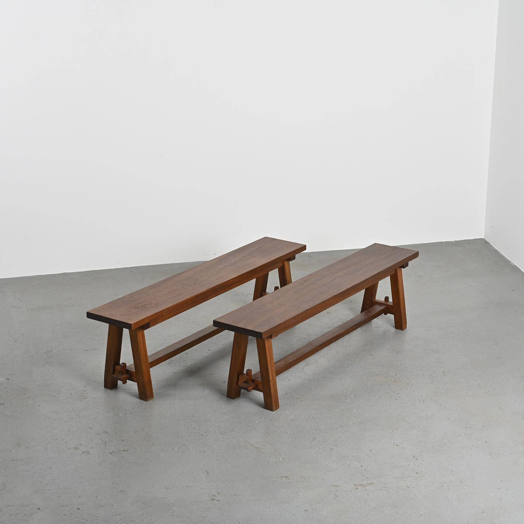 Mahogany dining table and benches, mountain work, France circa 1960