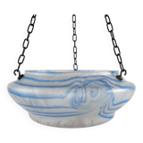 Abat-jour plafonnier en verre bleu et blanc à rayures vintage des années 1930