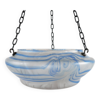 Abat-jour plafonnier en verre bleu et blanc à rayures vintage des années 1930