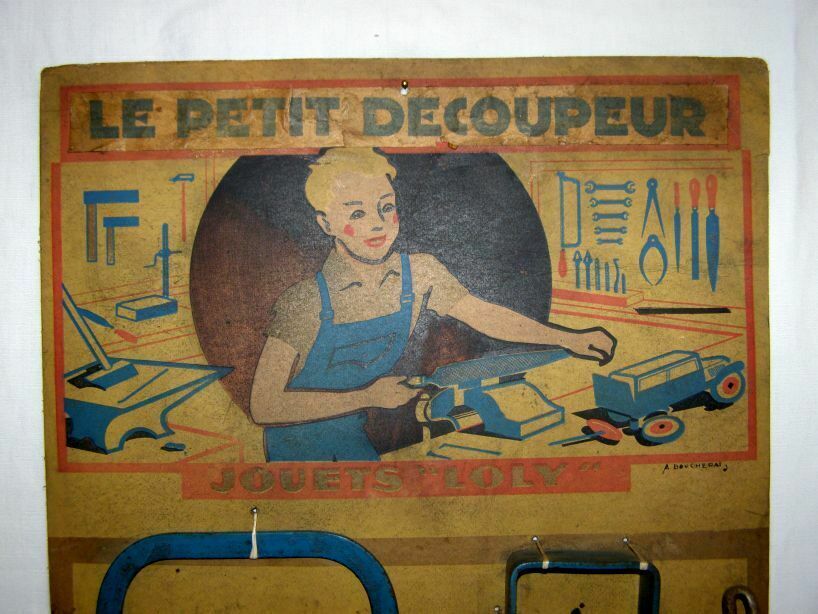Old toy Loly, panoply The Little Cutter Cardboard, support 8 wooden and steel tools