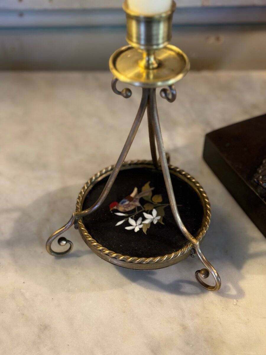 Pair of bronze candlesticks with pietra dura, marble marquetry, circa 1900.