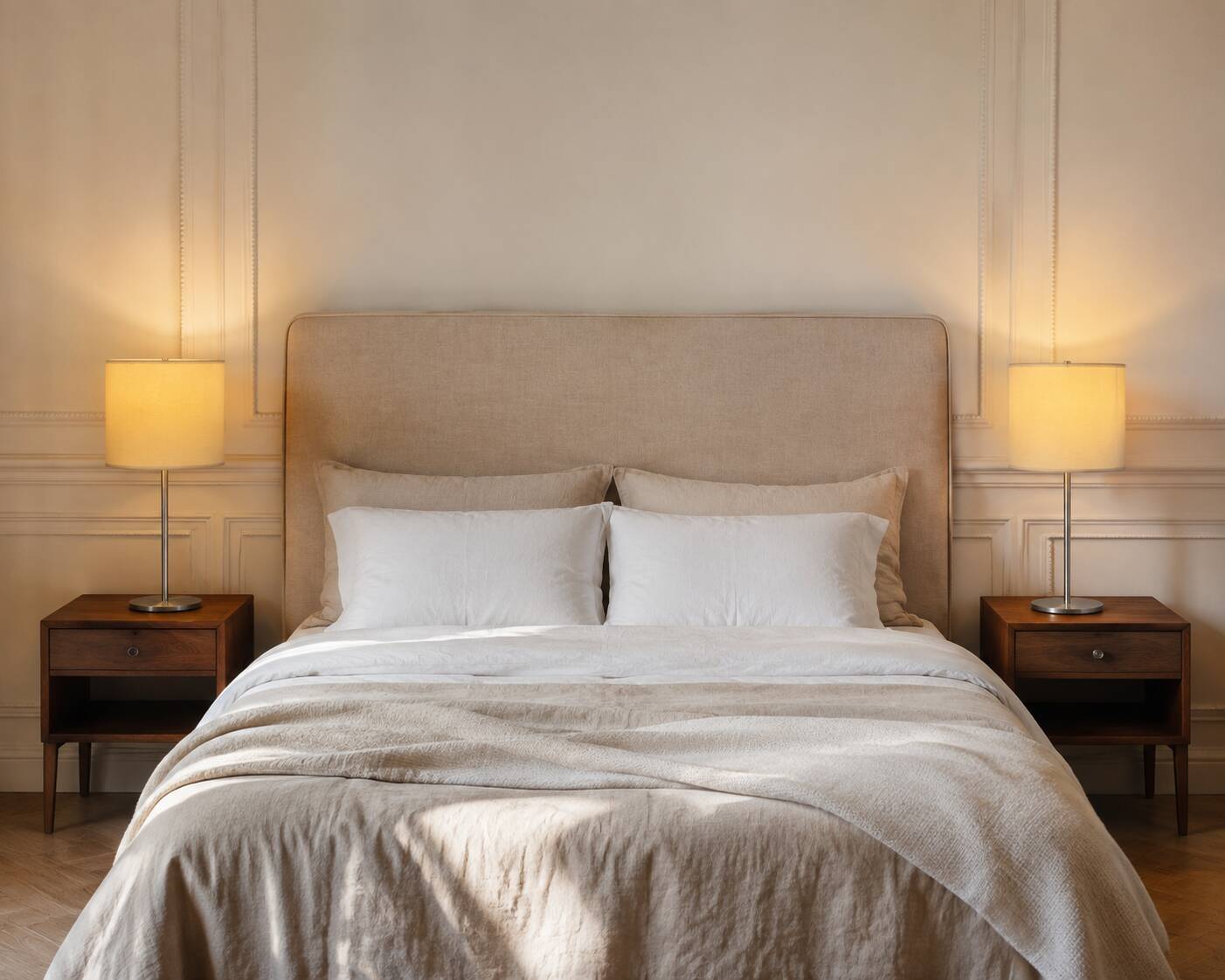 Pair of large brushed metal lamps with cream shades.